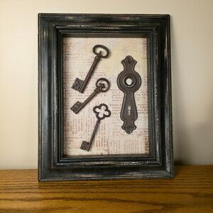 Vintage Style Shadow Box Wall Art w Keys & Escutcheon – Wood & Metal